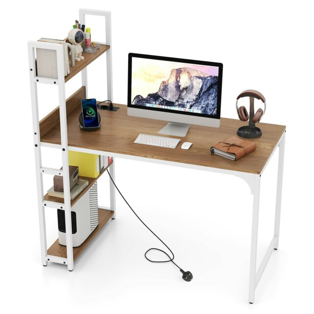 COSTWAY Computer Desk Writing Desk with Power Strip Natural Brown