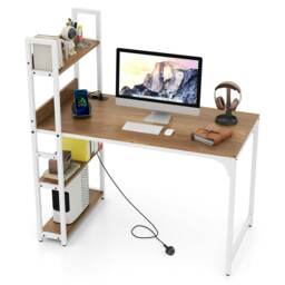 COSTWAY Computer Desk Writing Desk with Power Strip Natural Brown