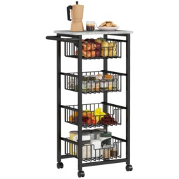 HOMCOM 4-Tier Kitchen Island on Wheels, Rolling Kitchen Storage Trolley with 4 Pull-Out Mesh Baskets, Mobile Utility Serving Cart, Light Grey