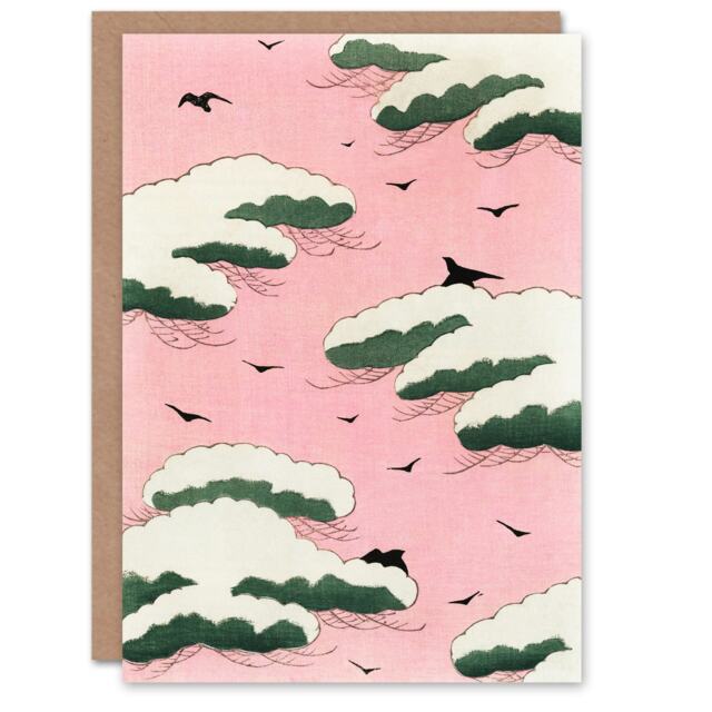 Shin Bijutsukai Japanese Art Card Pink Sky With Clouds and Birds