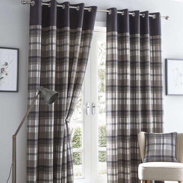 Portfolio Home Orleans Tartan Check Charcoal Grey 66 x 54 Inches Fully Lined Eyelet Curtains Grey