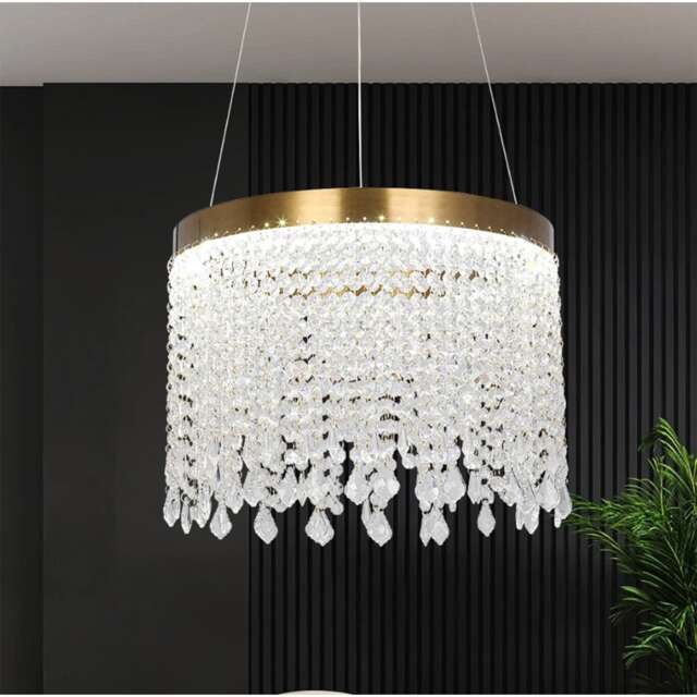 Crystal Chandelier LED Gold Ceiling Pendant Lamp Height Adjustable 47W 3 Color Lights