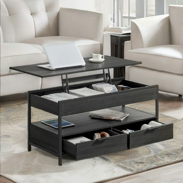 Industrial Lift Top Coffee Table With Drawers Black Brown
