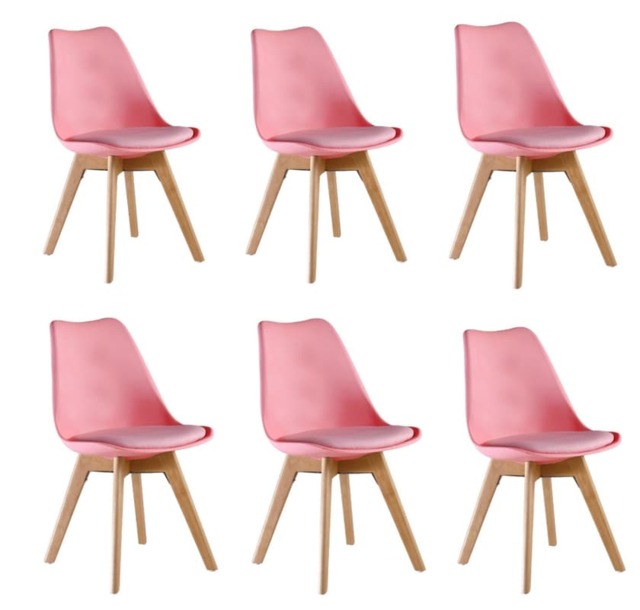 Set of 6 Scandinavian Dining Chairs with Leather Cushions Solid Wood Legs Pink