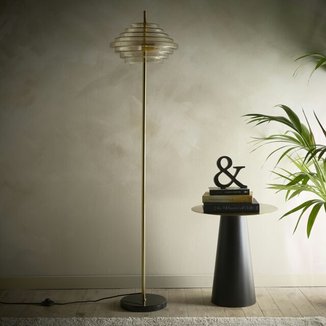 Aspen 2lt Brass and Tiered Amber Glass Floor Lamp Gold