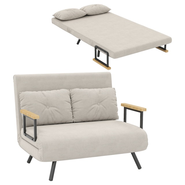 HOMCOM 2 Seater Sofa Bed, Click Clack Convertible Bed Settee, Modern Velvet Feel Fabric Sofa Couch with 2 Tufted Cushions, Wood Armrests for Living Room, Bedroom, Guest Room, Beige