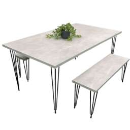 Grey Wooden Dining Table Hairpin Legs with 2 Benches - Dining Kitchen Room Furniture