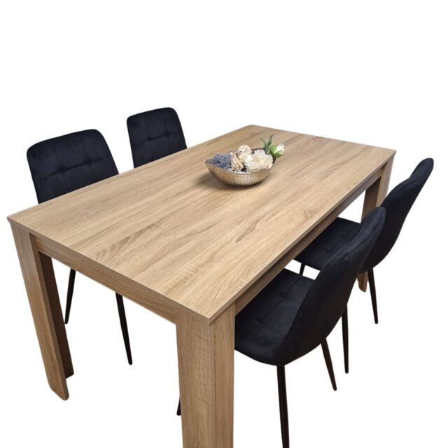 Dining Table and 4 Chairs Oak Effect Wood 4 Black Velvet Chairs Dining Room