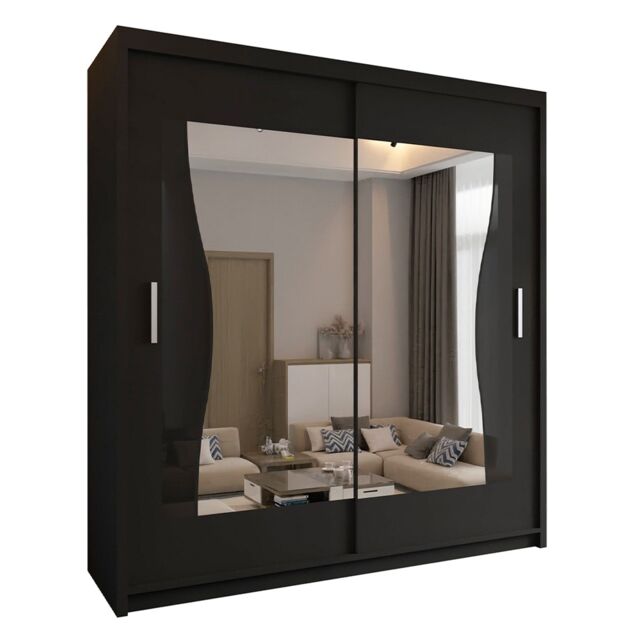 Modern 2 Door Mirrored Sliding Wardrobe for Bedroom Storage - Black 203cm