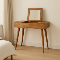 Artisan Furniture Solid Wood Mini Oak-ish Dressing Table, 4 Storage Compartments With Attached Mirror, Brown
