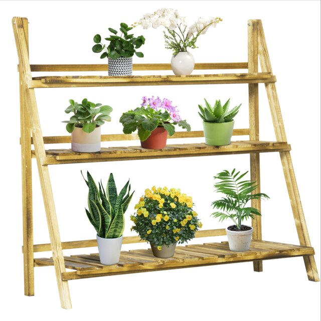 Outsunny Flower Stand Plant Display Rack 3-Tier Foldable Wood Garden