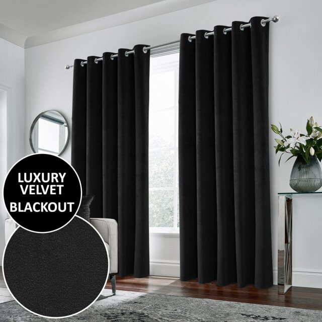 Luxury Enhanced Living Black Velvet, Supersoft, Blackout, Thermal Pair of Curtains with Eyelet Top - 66 x 72 inch (168x183cm)