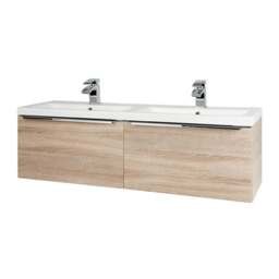 1200mm Bathroom Wall Mounted Drawer Unit and Twin Ceramic Basin Sonoma Oak (Central) - Brassware Not Included Brown Brown 1