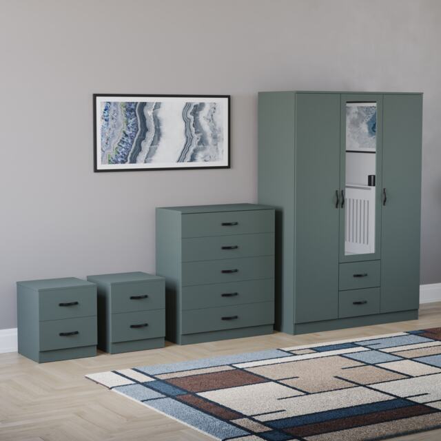 Vida Designs Riano 4 Piece Bedroom Set (2x 2 Drawer Bedside Chest, 5 Drawer Chest, 3 Door 2 Drawer Mirrored Wardrobe) - Green