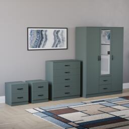Vida Designs Riano 4 Piece Bedroom Set (2x 2 Drawer Bedside Chest, 5 Drawer Chest, 3 Door 2 Drawer Mirrored Wardrobe) - Green