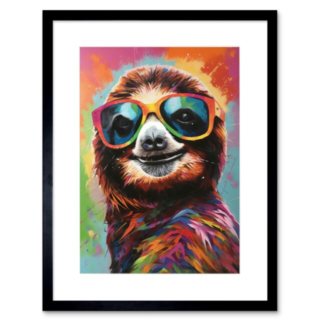"Smiling Sloth Wearing Sunglasses 9x7"" Black Framed Wall Art Print"