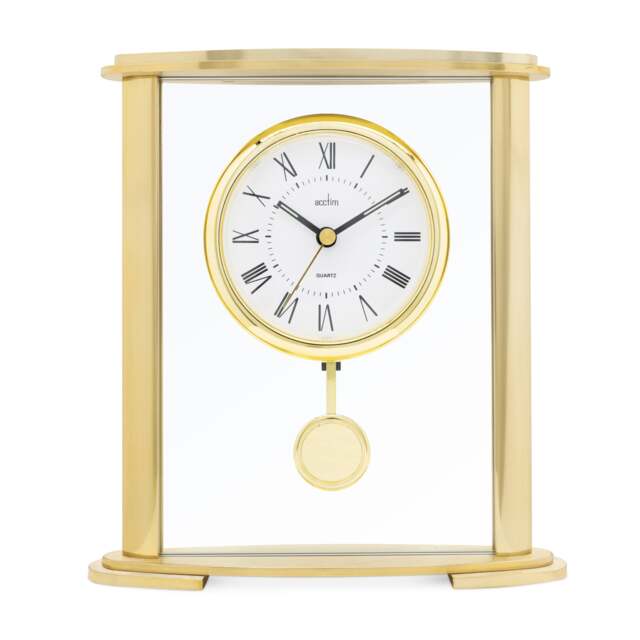Acctim Welwyn Pendulum Mantel Clock Quartz Polished Metal & Glass Luminous Hands Floating Effect Gold