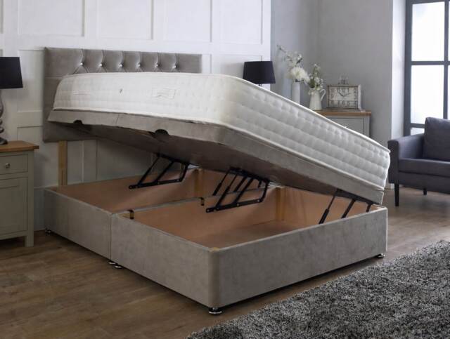 Side Lift 4ft Small Double Coffee Plush Ottoman Bed With Headboard and Mattress