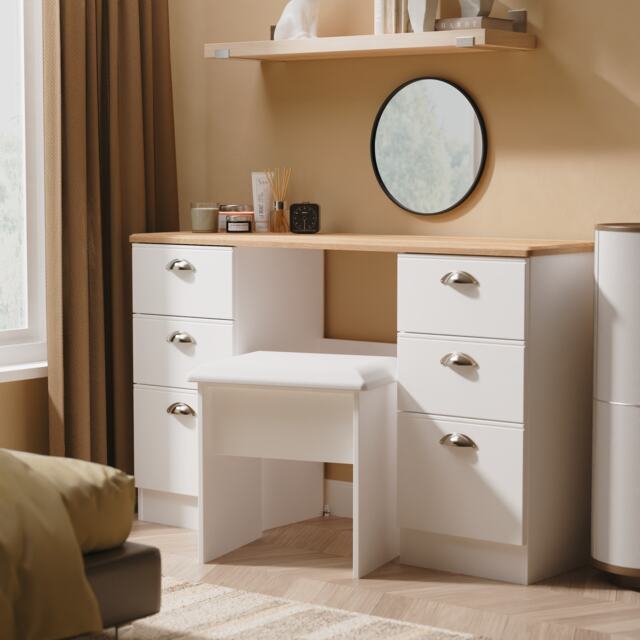 Albert 6 Drawer Kneehole Desk in White Ash & Riviera Oak (Ready Assembled) White White Ash & Riviera Oak