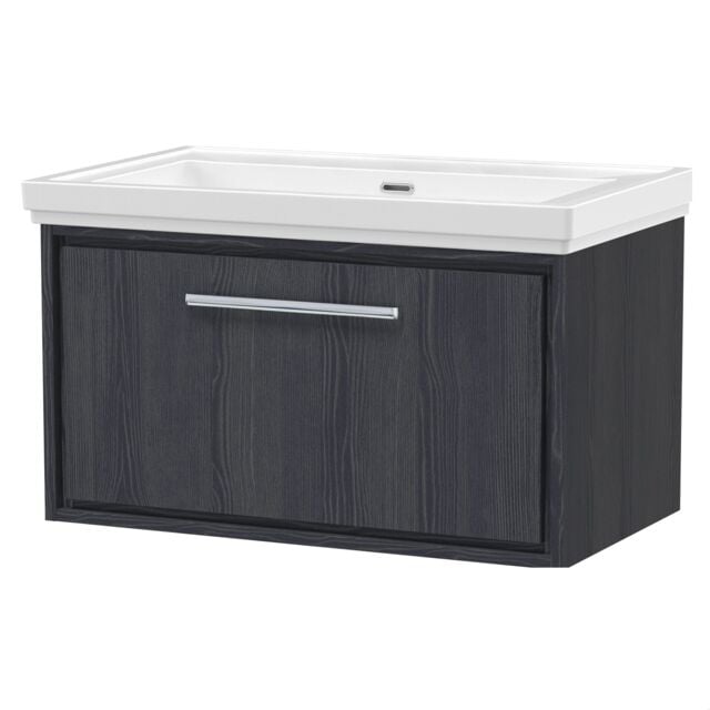 Balterley Longnor 1 Drawer Wall Hung Vanity Unit with 0 Tap Hole Traditional Fireclay Basin, Woodgrain Graphite Grey, 800mm