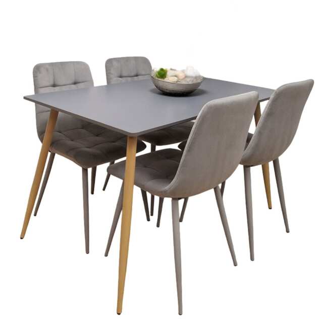 Modern Rectangle Dark Grey Dining Table Set With 4 Grey Velvet Chairs Dining Room Furniture