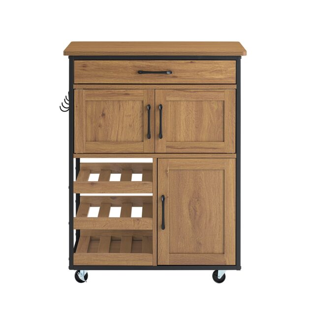 SoBuy FKW134-N,Kitchen Trolley with Wheels & with Wine Rack Brown Light Brown