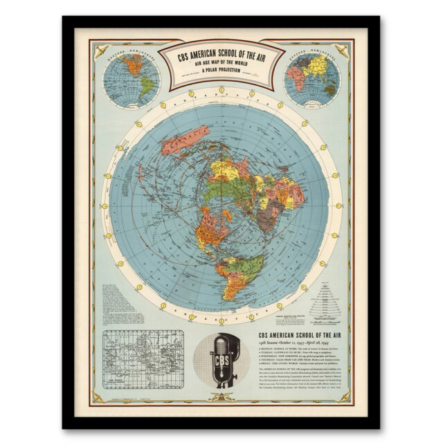 American School Air Age World Map Polar Black Framed Wall Art Print A4
