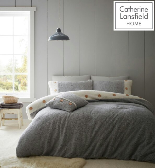 Catherine Lansfield So Soft 2 Tone Buttoned Sherpa Grey Duvet Cover Set Grey Double