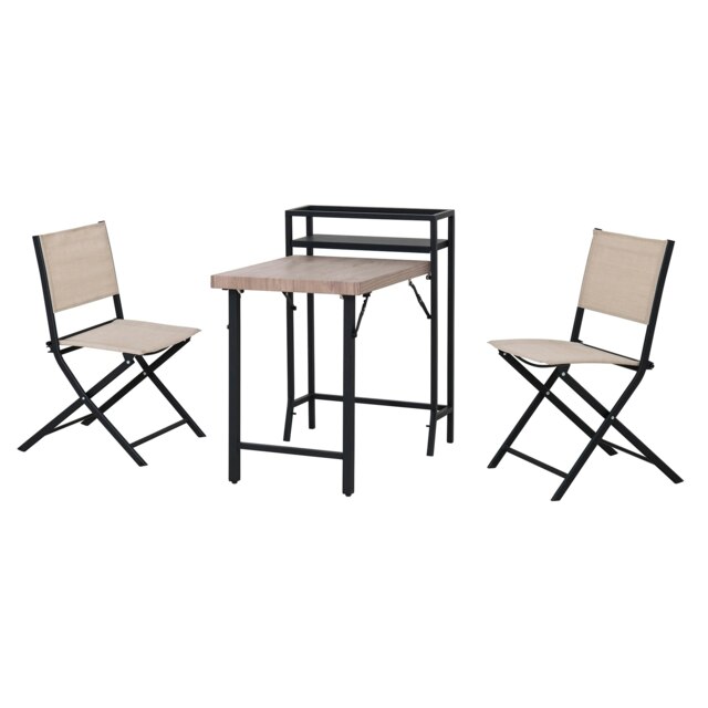 SUNJOY 3 Piece Patio Bistro Set with shelf, Patio Conversation Set with Folding Table & Chair Multi Beige Table：81.5x60x87.5 CM Chair：45.5x52x83 CM x2 1