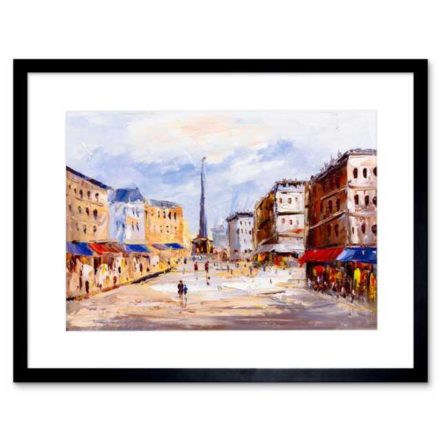 "Vintage Rome Piazza Cityscape Oil Painting 9x7"" Black Framed Wall Art Print"