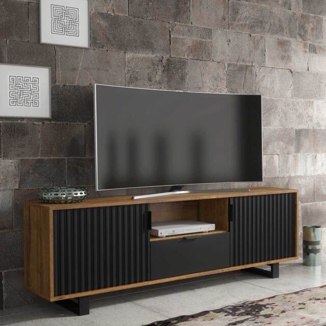 TV Unit TV Stand Cabinet Sideboard Media Console Storage Oak Black Wave Textured Doors Drawer Metal Frame Industrial Living Room Furniture 160cm