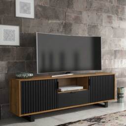 TV Unit TV Stand Cabinet Sideboard Media Console Storage Oak Black Wave Textured Doors Drawer Metal Frame Industrial Living Room Furniture 160cm