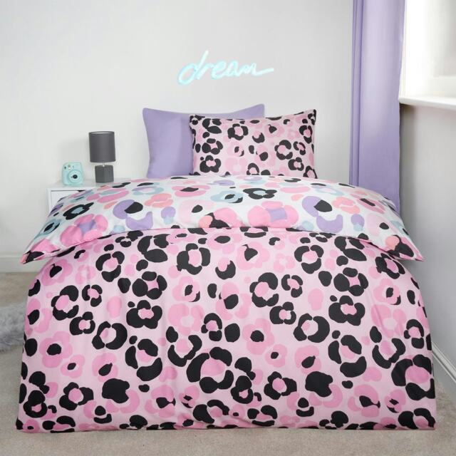 OHS Leopard Print Reversible Microfibre Duvet Cover and Pillowcase Set, Double - Pink/White