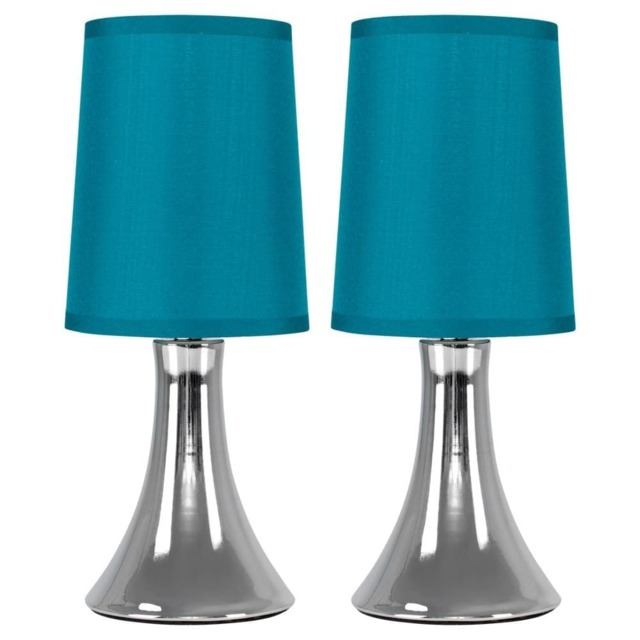 ValueLights Trumpet Pair Silver Touch Table Lamps Blue Shades