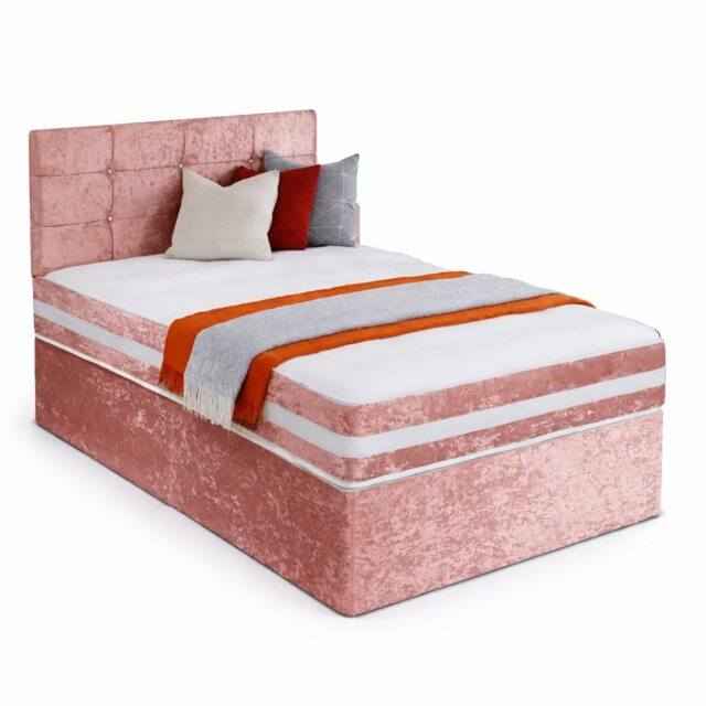 5ft kingsize Pink Crushed Velvet Divan Bed Set Orthopaedic Mattress with Cube Headboard 2 Drawers Same Side