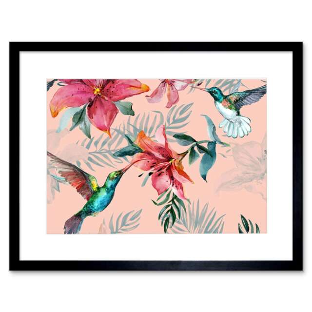 "Hummingbirds Lilies Elegant Bird Floral Pink Design 9x7"" Black Framed Wall Art Print"