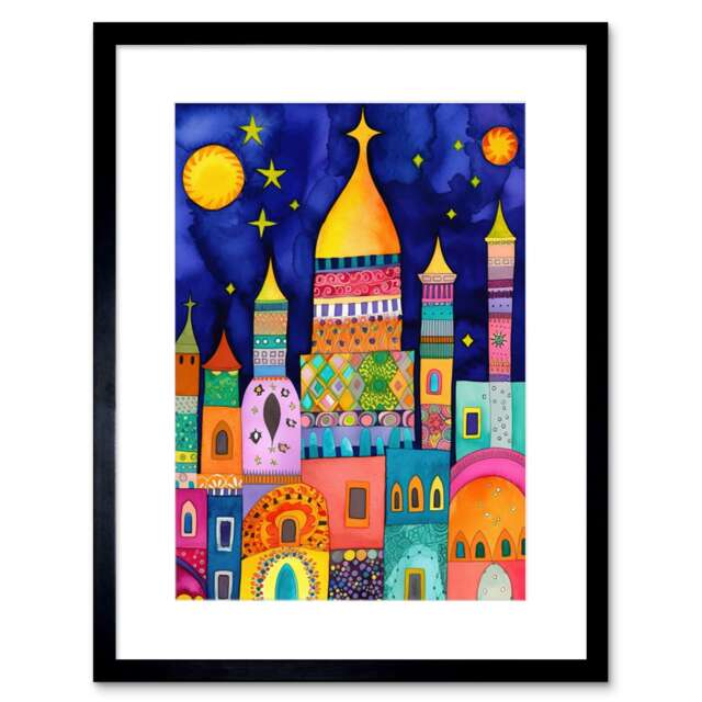 "Persian Cityscape Moonlight Mosque Folk Art 9x7"" Black Framed Wall Art Print"