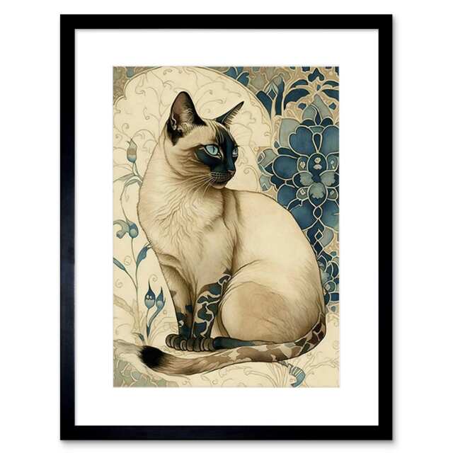 "Siamese Cat Blue Flower Pattern Modern Art Nouveau 9x7"" Black Framed Wall Art Print"