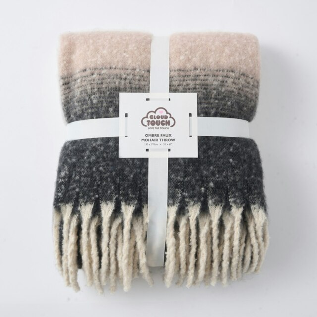 Ombre Faux Mohair Throw - Soft, Stylish, Fringed Blanket Grey One Size