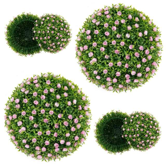 COSTWAY 2PCS Artificial Plant Topiary Balls 37cm w/Pink Flowers Green One Size