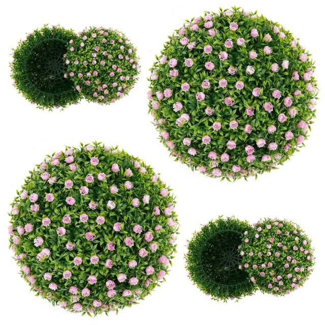 COSTWAY 2PCS Artificial Plant Topiary Balls 37cm w/Pink Flowers Green One Size