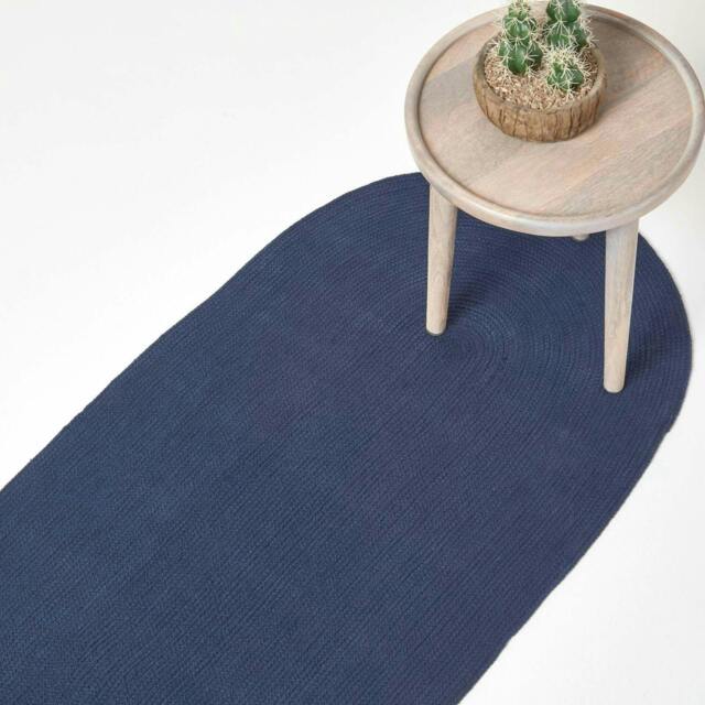 Homescapes Navy Handmade Woven Braided Oval Hallway Runner - 66 x 200 cm Blue Navy