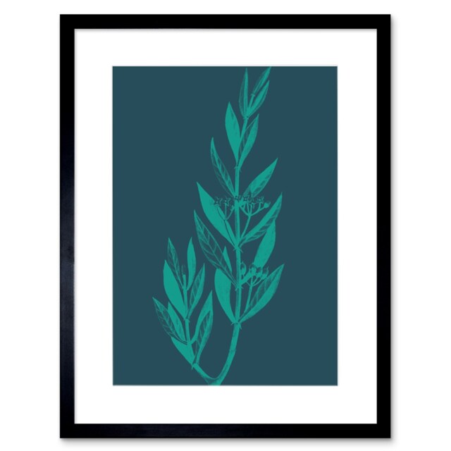 "Navy Blue Teal Starflowers Botanical Design Plant Lover 9x7"" Black Framed Wall Art Print"
