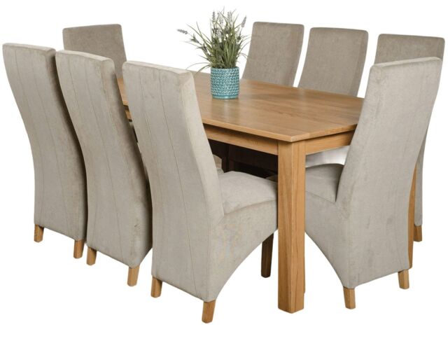 Oslo 180 x 90 cm Large Oak Dining Table and 8 Lola Fabric Chairs Grey Grey