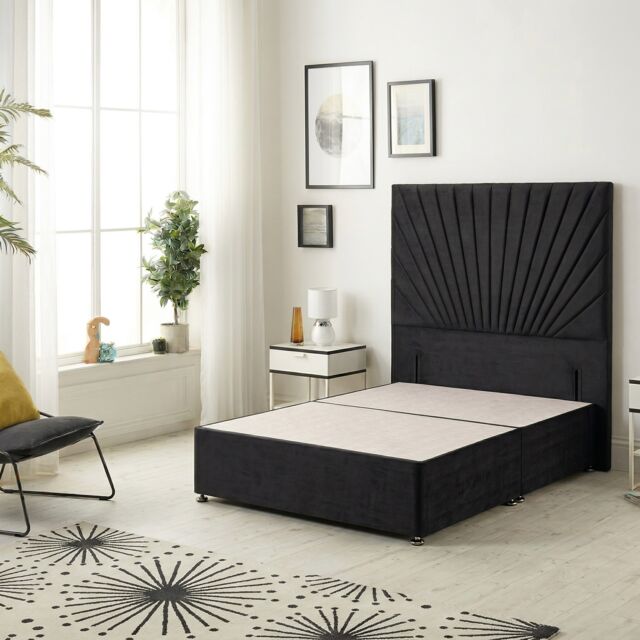 Sunburst Divan Bed with 54'' Floor Standing Headboard Plush Velvet Black Black