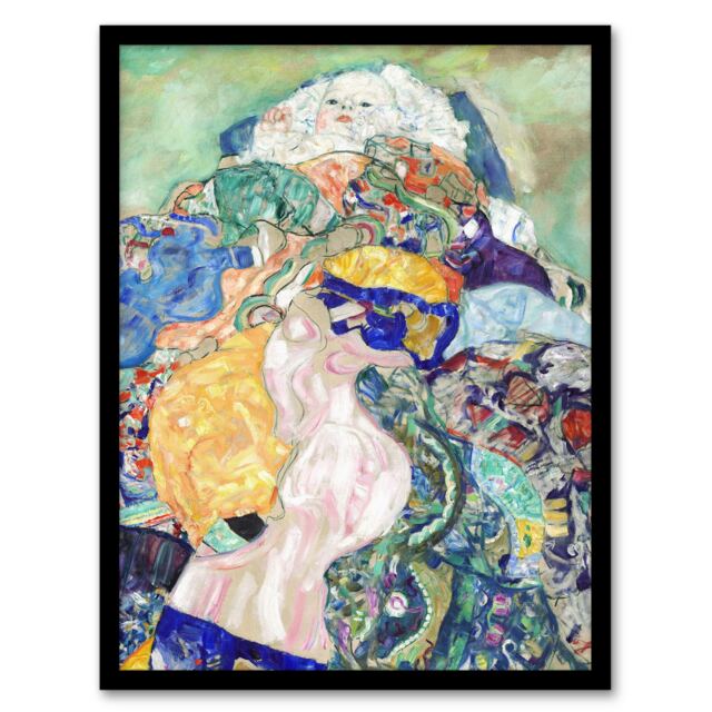 "Baby Cradle Painting Nursery Vintage Framed Wall Art Print Gustav Klimt 12x16"""