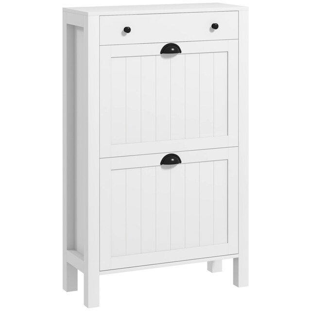 HOMCOM Narrow Shoe Cabinet with 2 Flip Drawers and Top Drawer, White White White 60W x 24D x 97H cm
