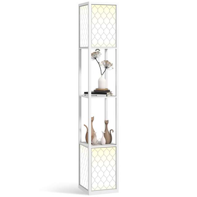 HOMCOM Floor Lamp with Shelves, Modern Tall Standing Lamps with Fabric Lampshade, Chain Switch and Dual Light for Living Room, Bedroom, Bulb not Included, White