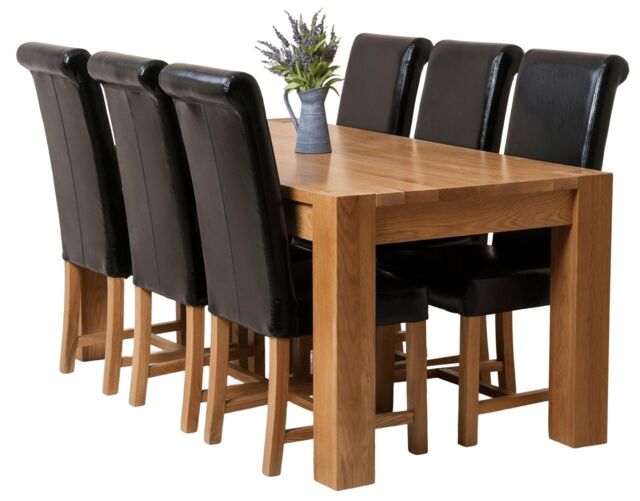 Kuba 180 x 90 cm Chunky Oak Dining Table and 6 Washington Leather Chairs Black Black