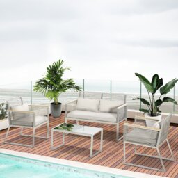 Outsunny 4 Pieces Rattan Garden Furniture Set, Metal Frame Outdoor Furniture Sofa Set with Cushions, Pillows & Tempered Glass Top Table, Wicker Garden Sofa for Conservatory, Patio, Grey